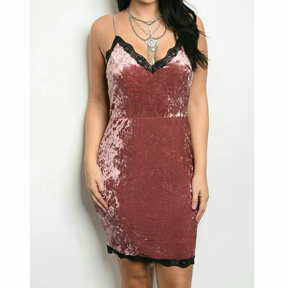Deep Pink Black Lace Velvet Ruched Slip Dress